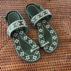 Tory Burch Moss Green and White Leather Sandals, 7